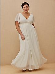 Plus Size Ivory Mesh Flutter Sleeve Empire Wedding Dress, CLOUD DANCER, hi-res