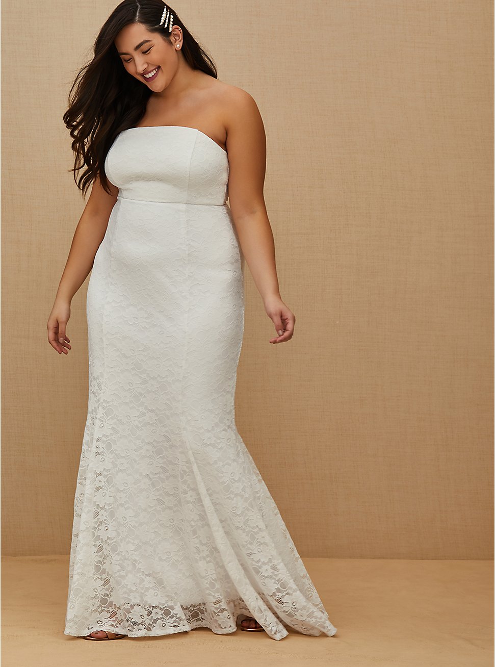 Plus Size White Lace Strapless Fit & Flare Wedding Dress, CLOUD DANCER, hi-res