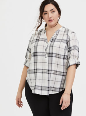 Plus Size - Harper - Ivory Plaid Twill Wash & Wear Pullover Blouse - Torrid