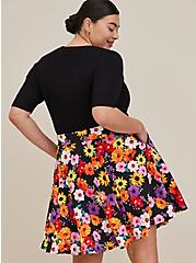 Plus Size Mini Scuba Skater Skirt, BLACK FLOWERS, alternate