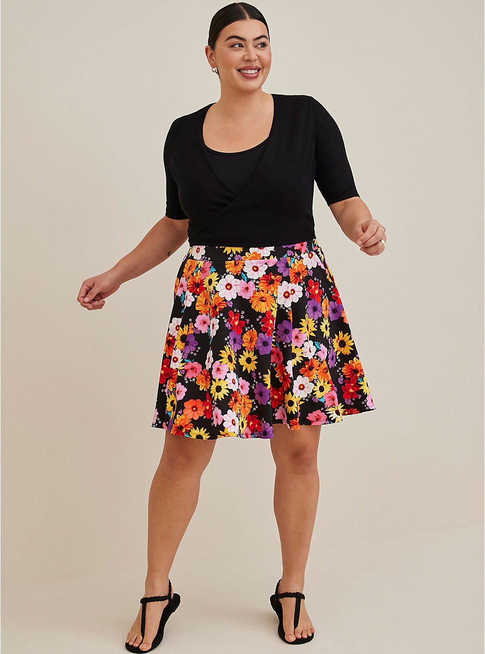 Plus Size Mini Scuba Skater Skirt, BLACK FLOWERS, hi-res