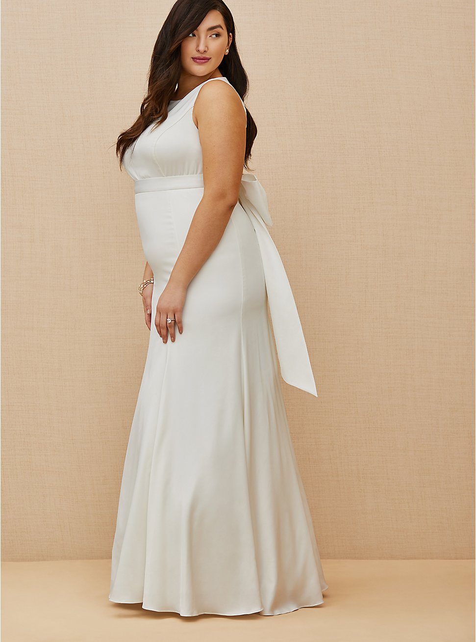 Plus Size Ivory Satin Bow Back Mermaid Wedding Dress, CLOUD DANCER, hi-res
