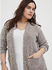 Grey & Colorful Marled Woolen Fuzzy Knit Cardigan, GREY, alternate
