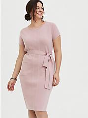 Mauve Pink Sweater Knit Self Tie Shift Dress, PALE MAUVE, hi-res