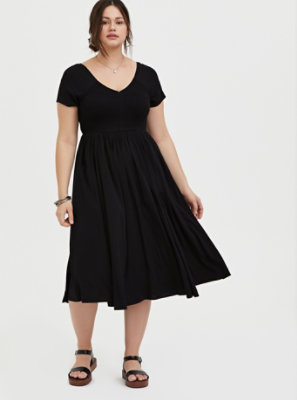 Plus Size - Black Challis Smocked Midi Dress - Torrid