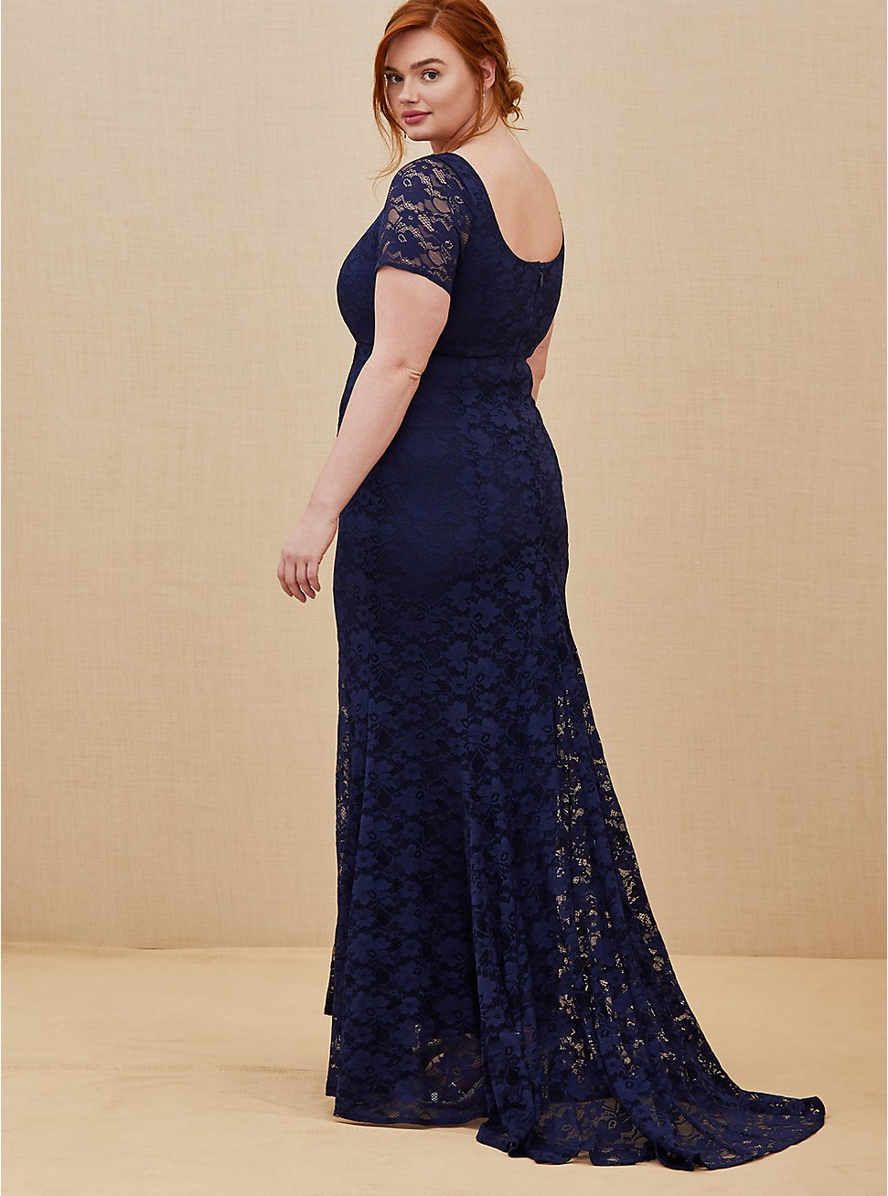 Plus Size - Special Occasion Navy Lace Short Sleeve Fit & Flare Formal ...