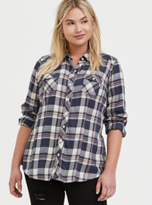 Plus Size - Taylor - Blue Plaid Wash & Wear Twill Slim Fit Shirt - Torrid