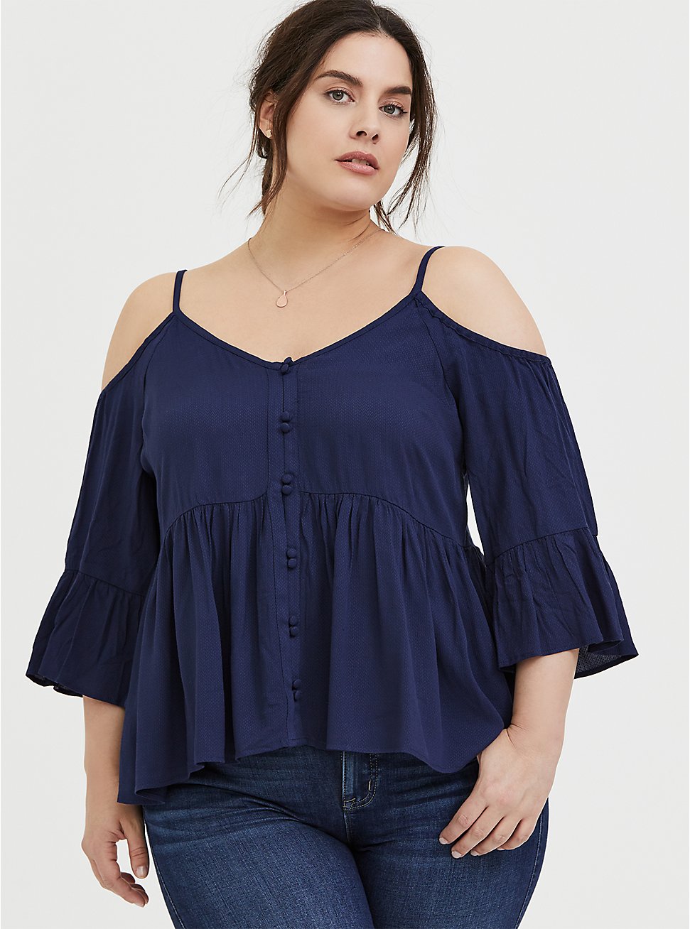 Plus Size - Navy Textured Rayon Cold Shoulder Babydoll Top - Torrid
