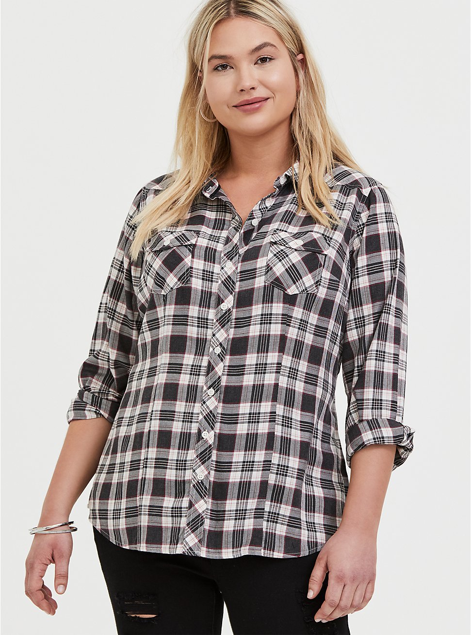 Plus Size - Taylor - Black Plaid Twill Button Front Relaxed Fit Shirt ...