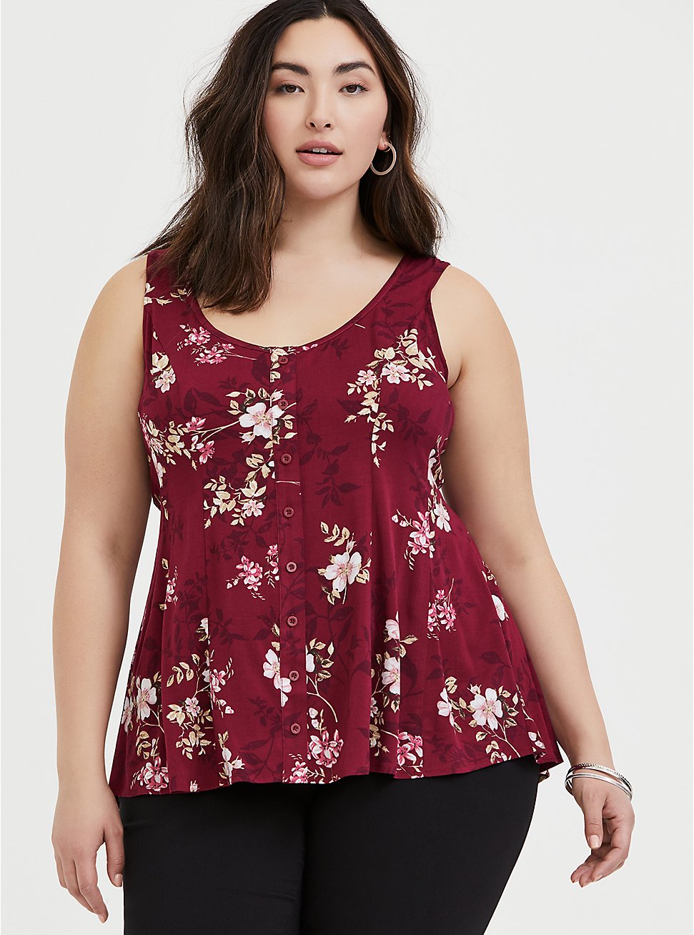 Plus Size - Red Wine Floral Challis Fit & Flare Tank - Torrid