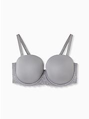 Plus Size Grey Microfiber & Lace Lightly Lined Multiway Strapless Bra, SILVER FILAGREE, alternate