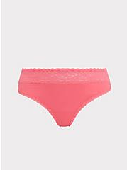 Neon Pink Wide Lace Shine Thong Panty, FLUORESCENT PINK, hi-res