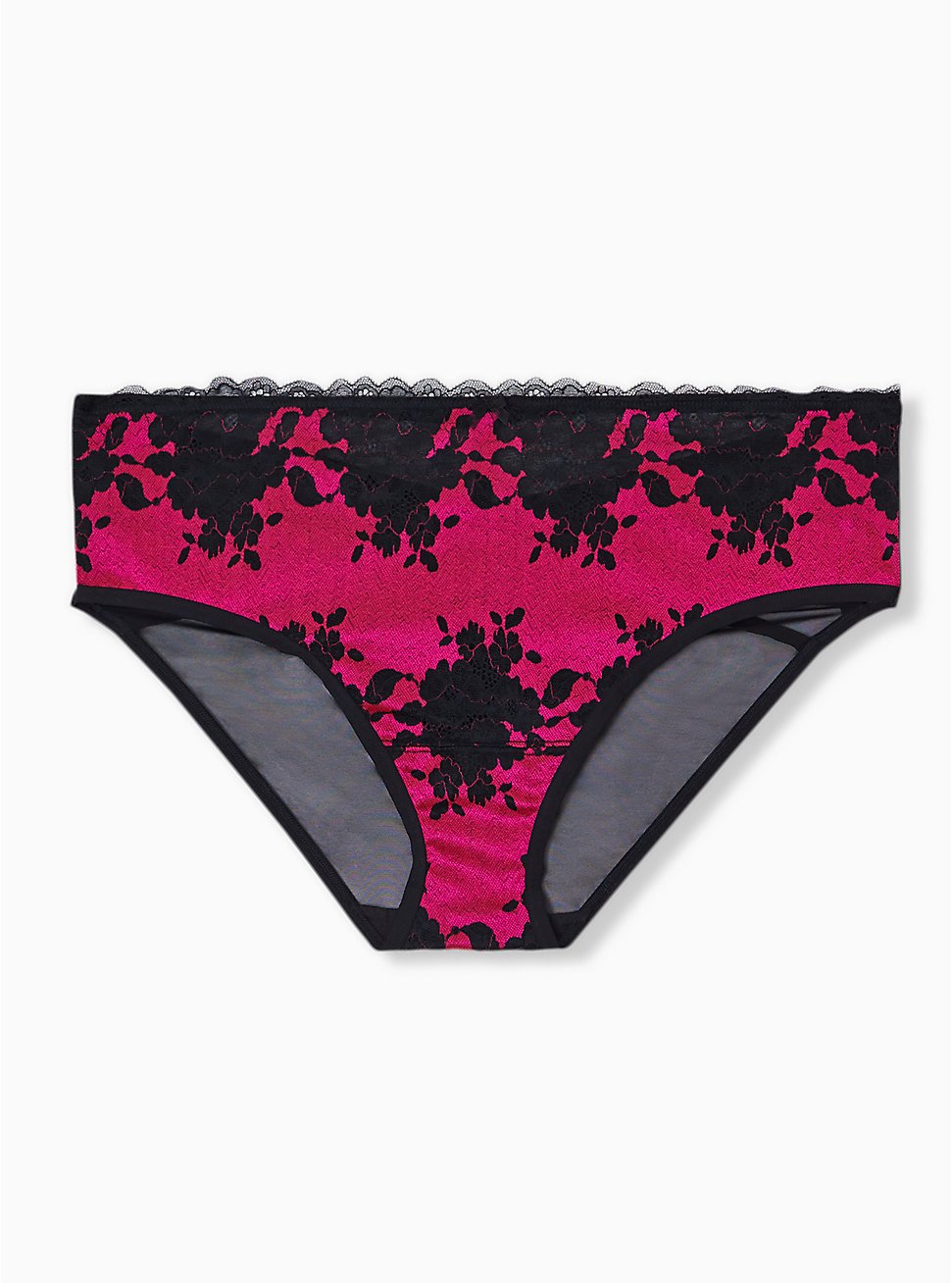 Plus Size - Hot Pink Microfiber & Black Lace Mesh Back Hipster Panty ...