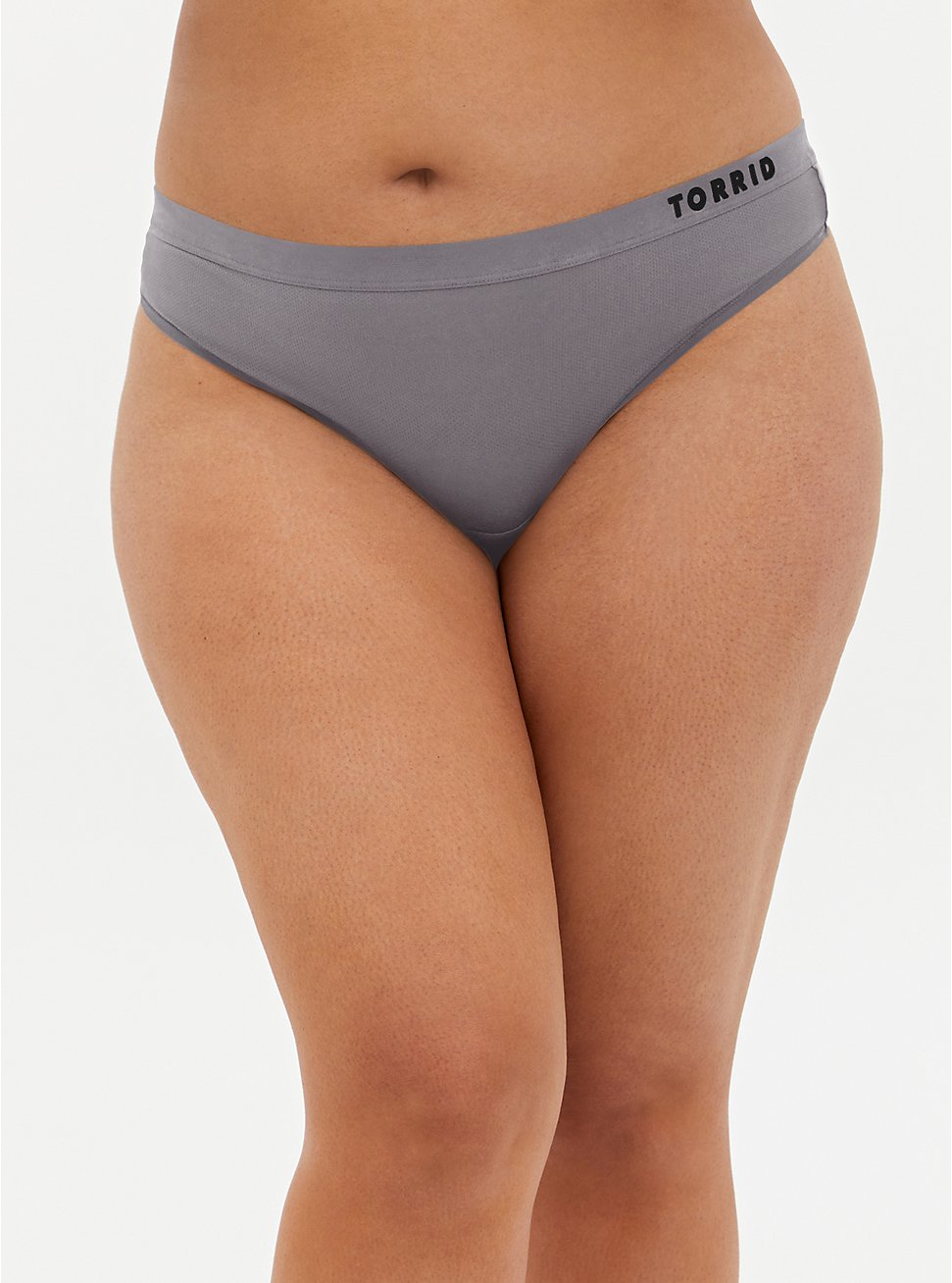 Plus Size Torrid Logo Grey Microfiber Active Thong Panty, SILVER FILAGREE, hi-res