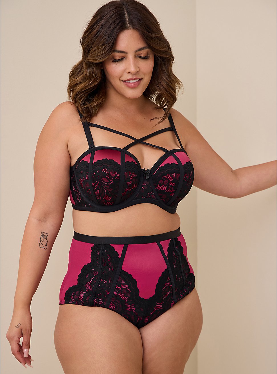 Plus Size 360° Smoothing™ Mid-Rise Brief Lace Pieced Panty, BEAUJOLAIS BURGUNDY, hi-res