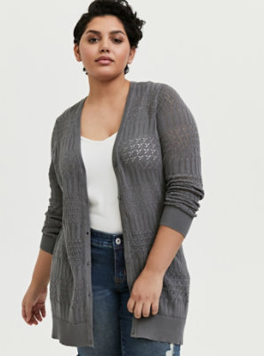 Plus Size - Grey Pointelle Button Front Cardigan - Torrid