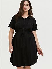 Mini Twill Drawstring Shirt Dress, DEEP BLACK, alternate