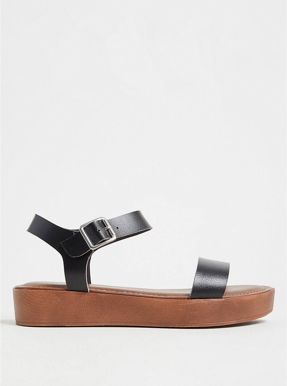 Plus Size - Black Faux Leather Ankle Strap Faux Wood Flatform Sandal ...