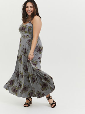 Plus Size - Heather Grey Floral Jersey Shirred Hem Maxi Dress - Torrid
