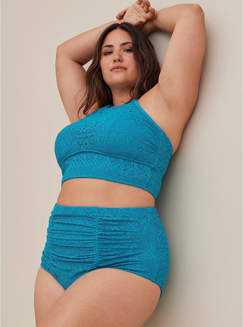 Plus Size High-Rise Ruched Crochet Swim Bottom, ENAMEL BLUE, hi-res