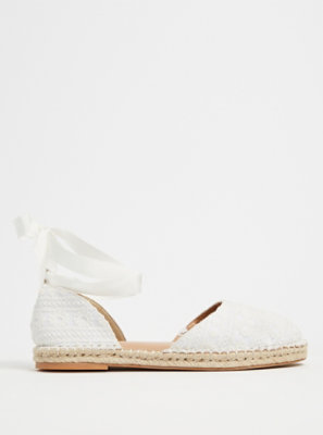 Plus Size - White Embroidered Eyelet Ankle Wrap Espadrille Flat (WW ...