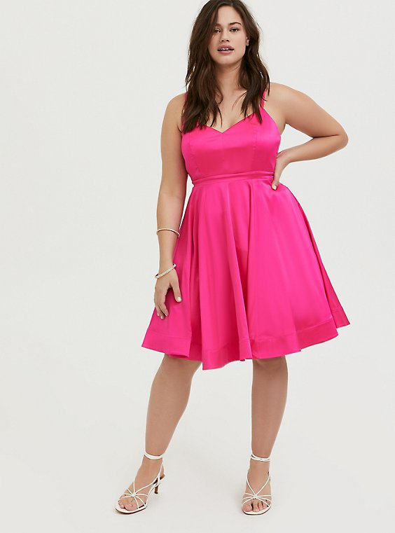 Plus Size Special Occasion Hot Pink Satin Skater Dress Torrid