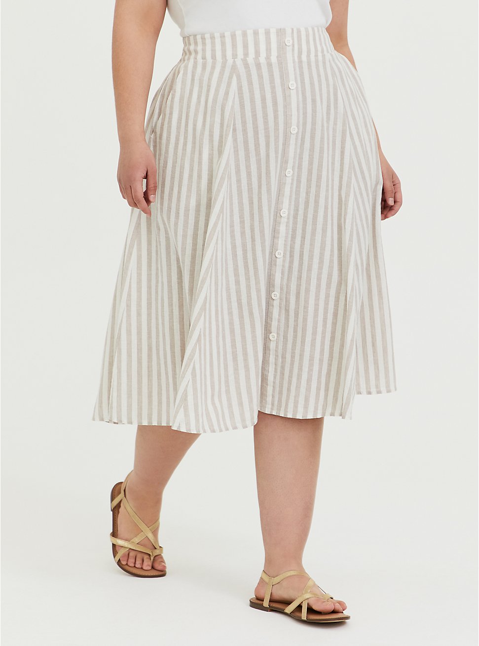 Midi Linen Button-Up Skirt, STRIPE BLACK, hi-res
