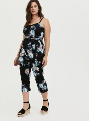 Plus Size - Black Floral Premium Ponte Self Tie Strapless Jumpsuit - Torrid