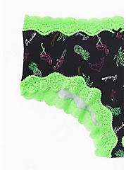 Plus Size Black Tropical & Neon Green Wide Lace Cotton Cheeky Panty, ANOTHER DRINK- BLACK, alternate