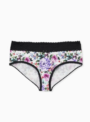Plus Size - White Floral & Black Wide Lace Cotton Cheeky Panty - Torrid