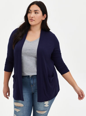 Plus Size - Super Soft Navy Ruched Sleeve Open Front Cardigan - Torrid