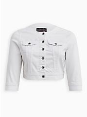 Crop Collarless Denim Jacket - White, WHITE, hi-res