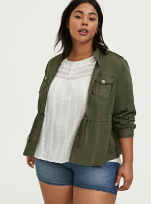 Plus Size - Olive Green Twill Open Front Anorak - Torrid