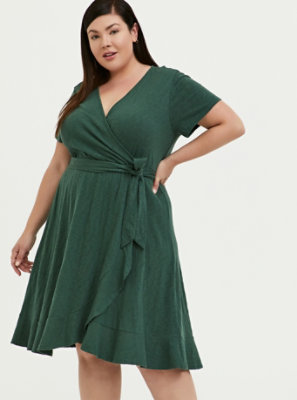 Plus Size - Green Slub Jersey Ruffle Mini Wrap Dress - Torrid