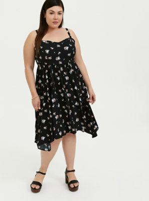 Plus Size - Black Floral Challis Sharkbite Dress - Torrid