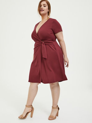 Plus Size - Dark Red Premium Ponte O-Ring Mini Wrap Dress - Torrid