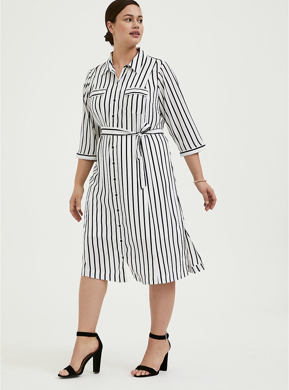 Plus Size - Black & White Stripe Georgette Midi Shirt Dress - Torrid