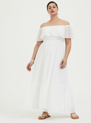 Plus Size - White Chiffon Swiss Dot Off Shoulder Shirred Maxi Dress