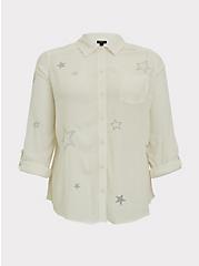 Plus Size Taylor - White Gauze Embroidered Star Button Front Relaxed Fit Shirt, CLOUD DANCER, hi-res