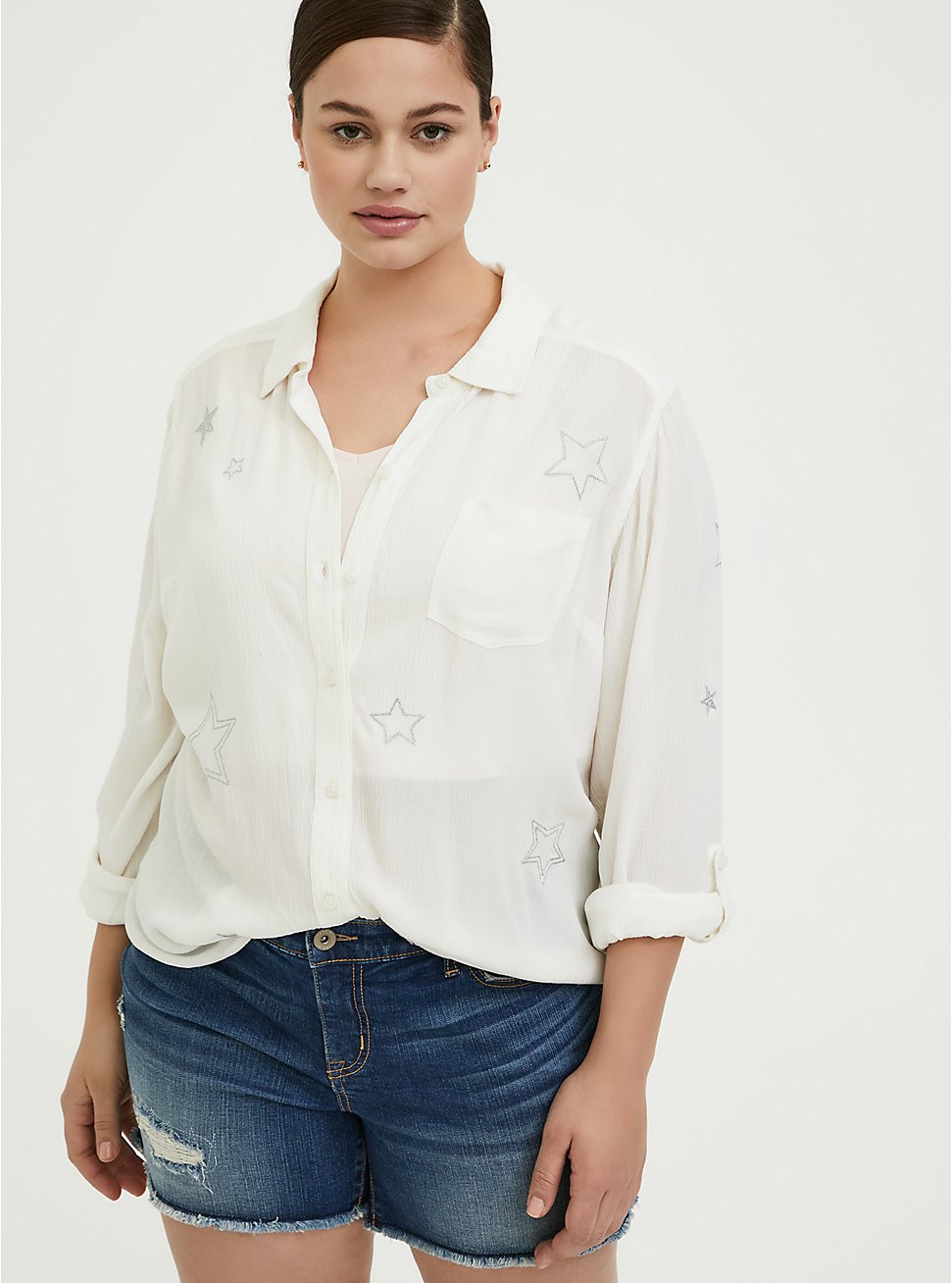 Taylor - White Gauze Embroidered Star Button Front Relaxed Fit Shirt, CLOUD DANCER, hi-res