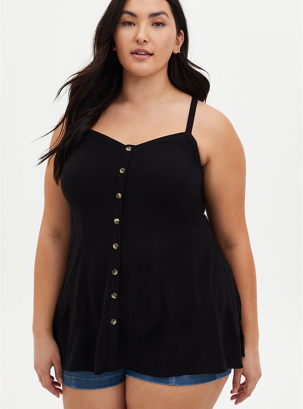 Plus Size Fit And Flare Rayon Slub Button-Front Cami, DEEP BLACK, hi-res