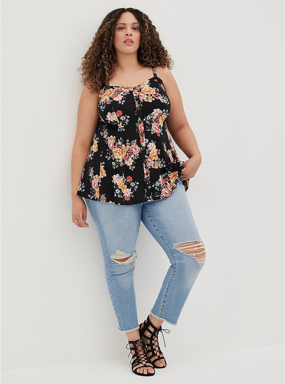Fit And Flare Rayon Slub Button-Front Cami, FLORAL BLACK, hi-res