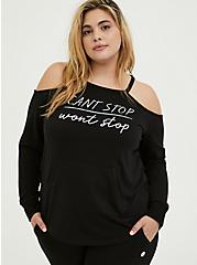 Plus Size French Terry Cold Shoulder Long Sleeve Active Sweatshirt, DEEP BLACK, alternate