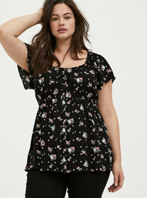 Plus Size - Black Floral Crepe Button Babydoll Top - Torrid