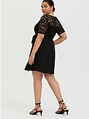 Plus Size Black Ponte & Lace Overlay Self Tie Skater Dress, DEEP BLACK, alternate