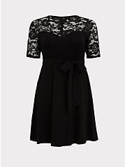 Plus Size Black Ponte & Lace Overlay Self Tie Skater Dress, DEEP BLACK, hi-res