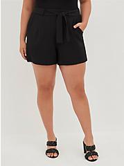 5 Inch Pull-On Stretch Crepe Mid-Rise Tie-Front Short, DEEP BLACK, alternate