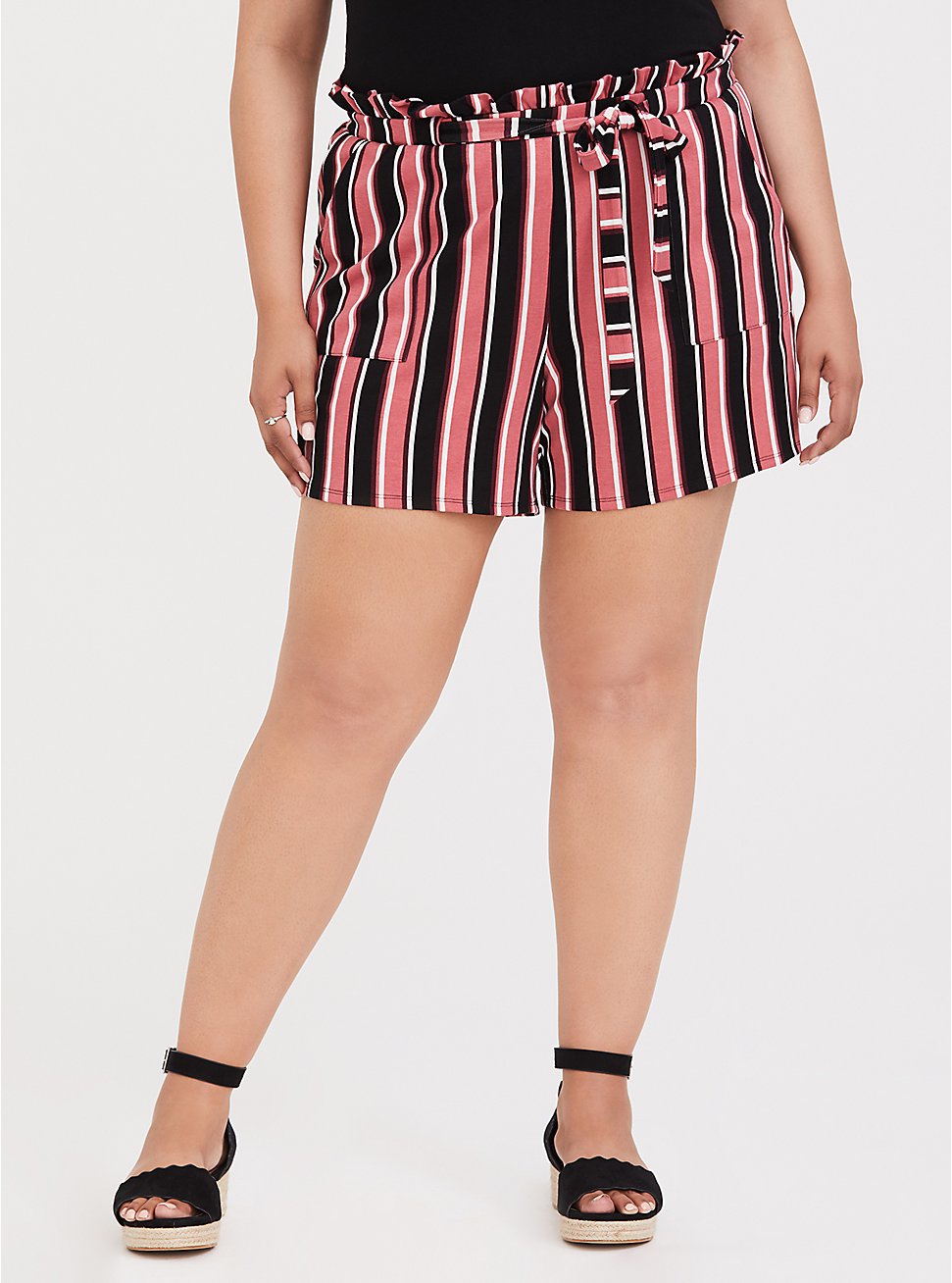 Plus Size 5 Inch Pull-On Studio Luxe Ponte Mid-Rise Paperbag Waist Short, STRIPE PINK, hi-res