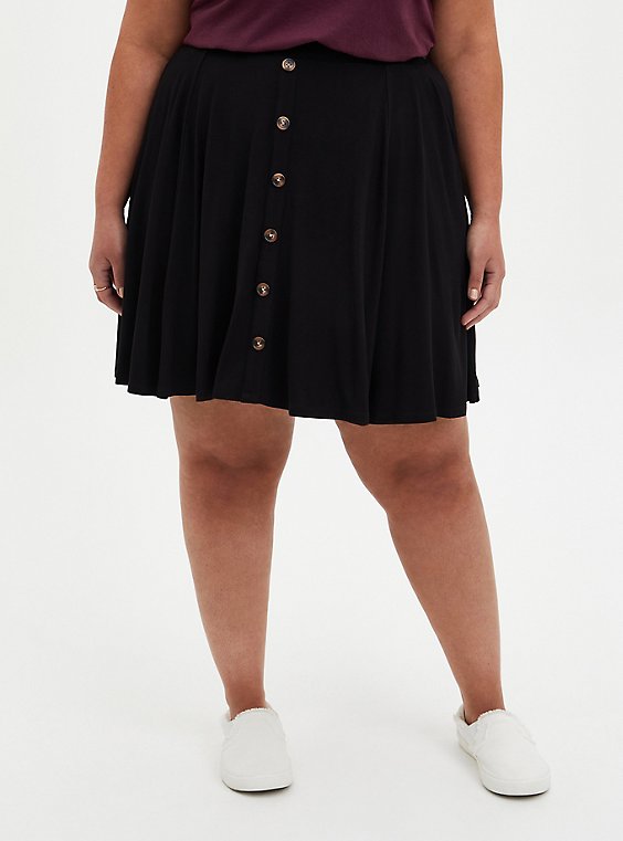 Plus Size - Black Jersey Button Front Mini Skater Skirt - Torrid