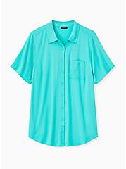 Stretch Challis Button-Front Shirt, AQUA GREEN, hi-res